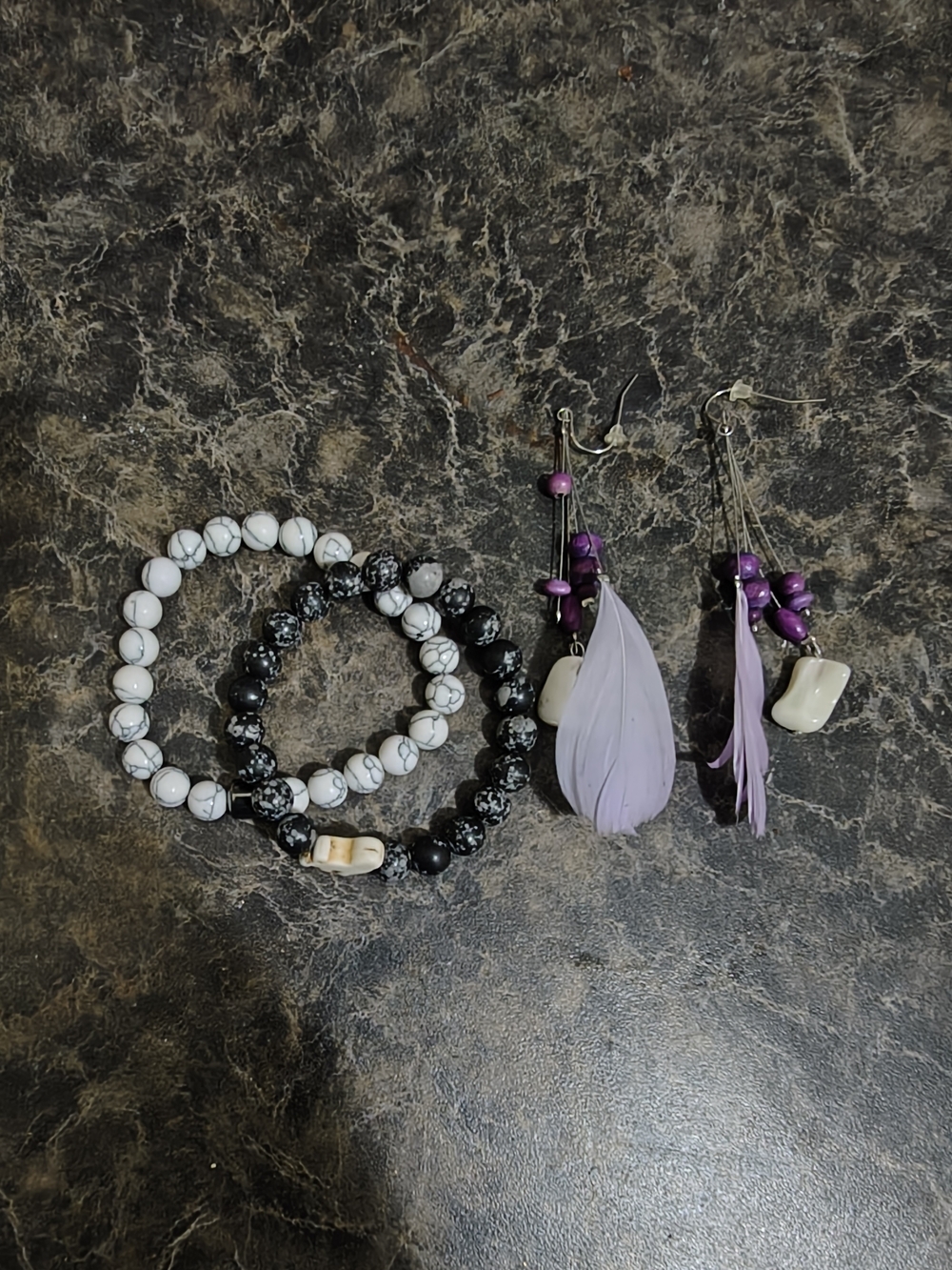 3-Piece Boho Jewelry Set Feather Earrings & Marbled Bead Bracelets